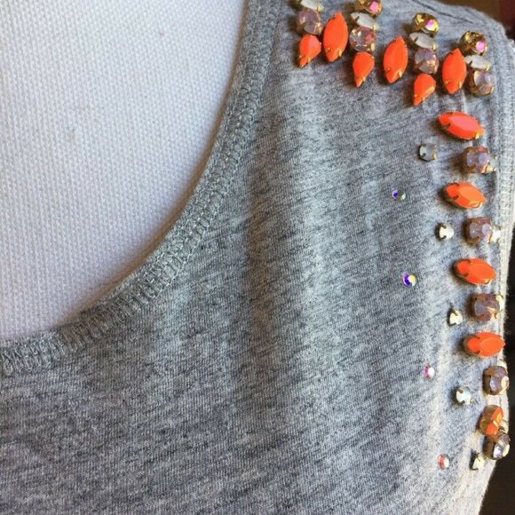 J.Crew Womens Size XXS Gray Bejeweled Orange Silver Tank Top Cotton T-Shirt - Picture 7 of 9